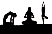 Een serie vrouwlijke silhouetten van verschillende yoga-oefeningen